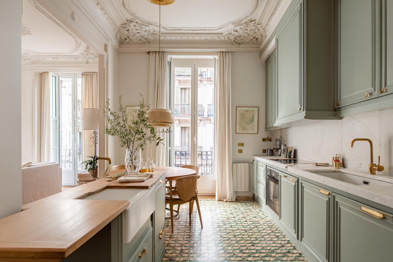 Cocina en verde salvia con suelo hidráulico y molduras originales