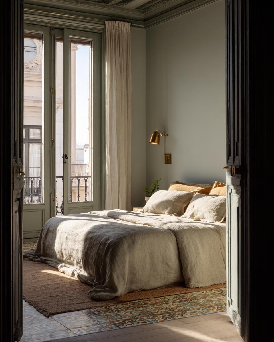 Dormitorio con lino, aplique de latón y balcón