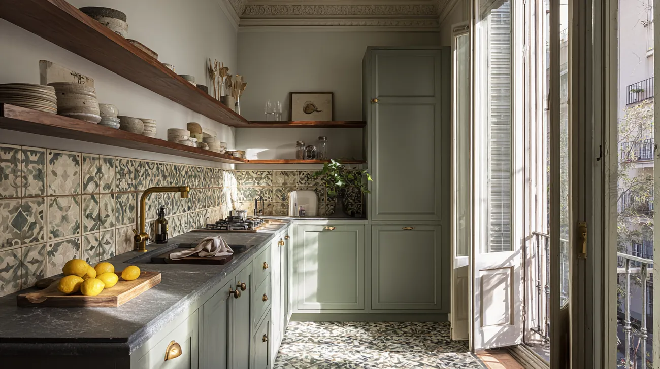 Cocina en verde con frente de azulejo y encimera de piedra