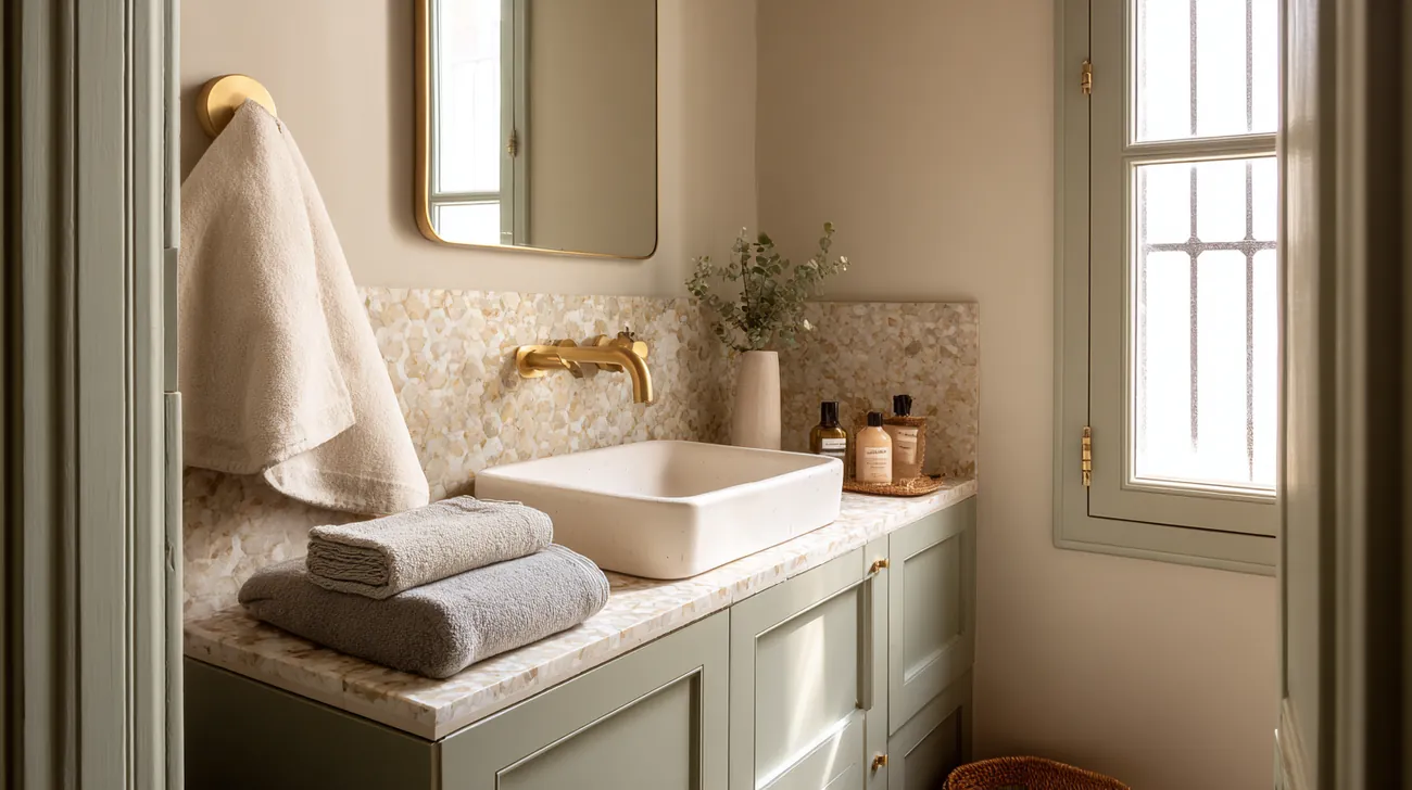 Baño con encimera de terrazo y grifería de latón