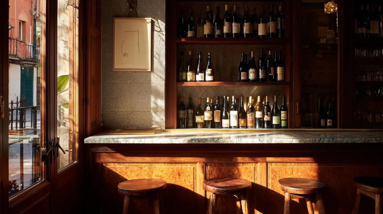 Barra de taberna con encimera de mármol y botellero de madera