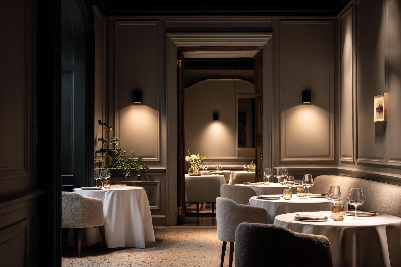 Sala de restaurante en Madrid iluminada mesa a mesa