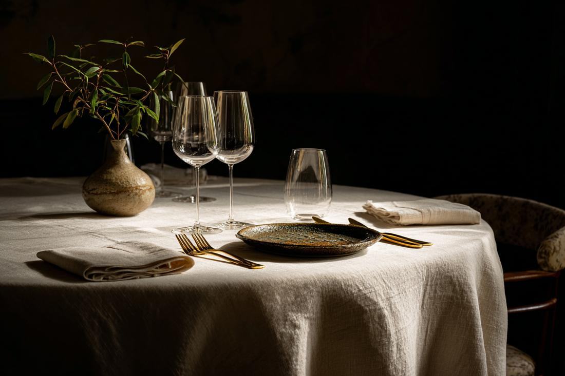 Mesa vestida con lino, cerámica artesanal y cubertería de latón