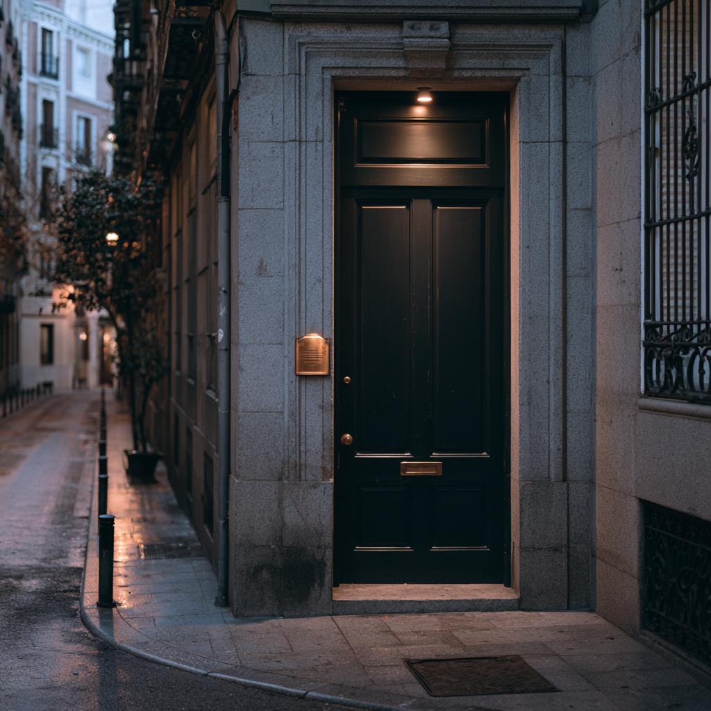Portal madrileño con placa de latón al anochecer