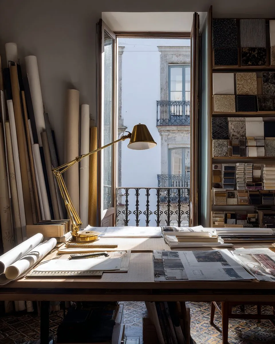 Mesa de trabajo del estudio con muestras de material y planos