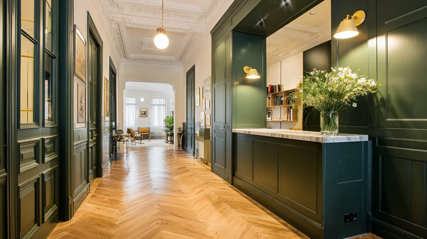 Pasillo de piso señorial con carpintería verde y consola de mármol