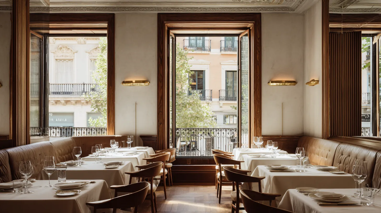 Comedor de restaurante en Madrid con balcones y luz natural