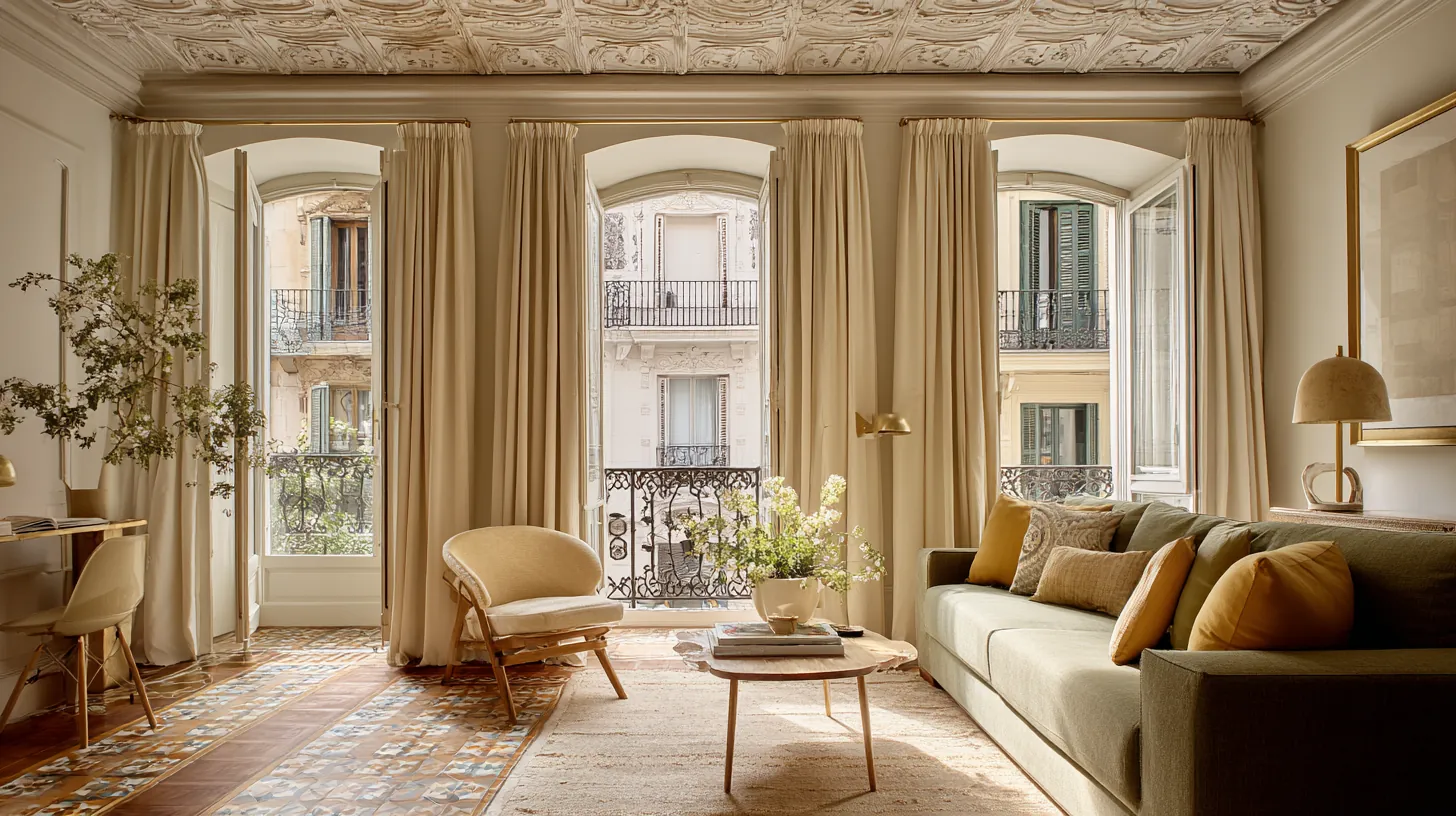 Salón de una vivienda madrileña con balcones y cortinas de lino