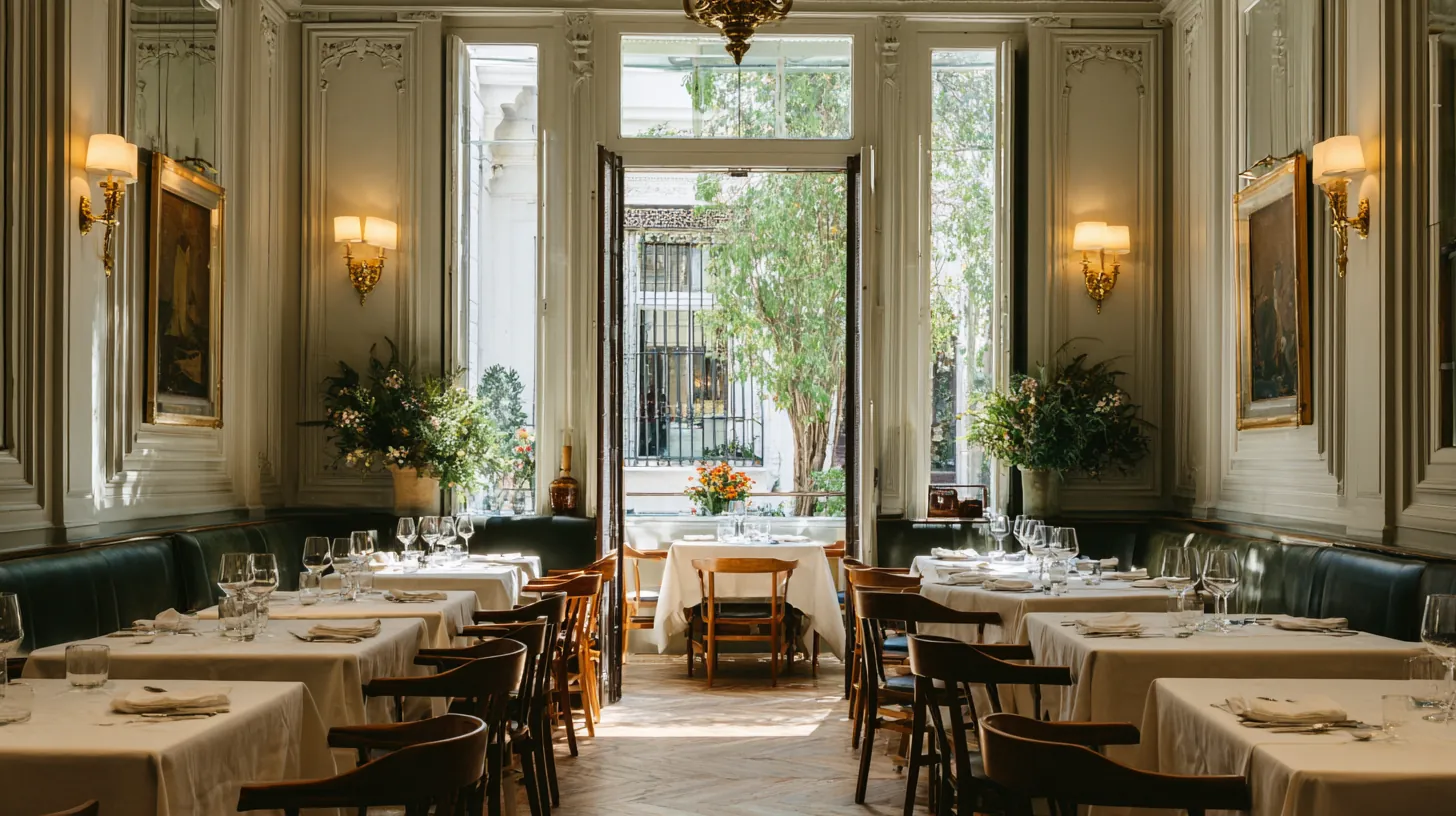 Comedor de restaurante abierto a un patio ajardinado