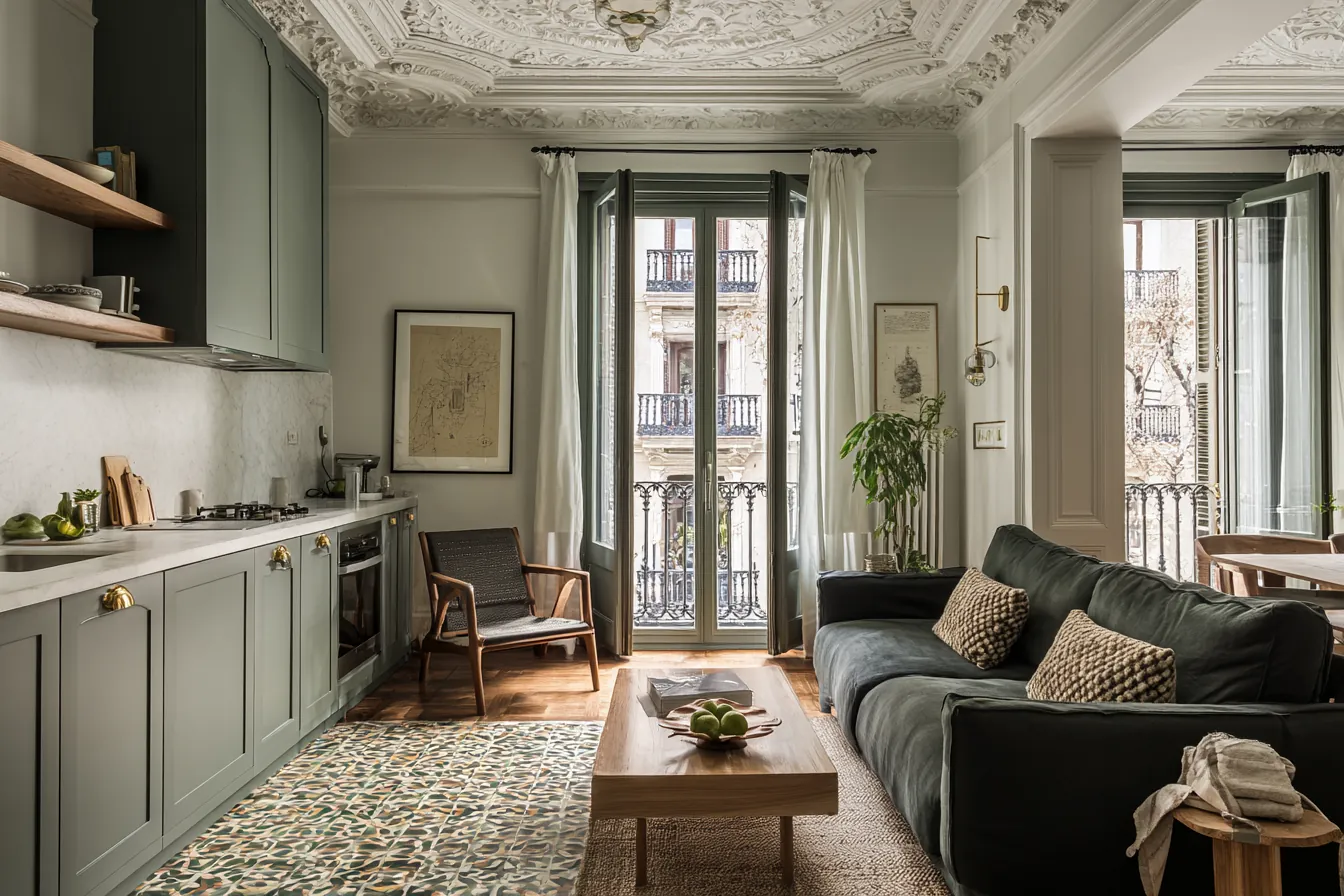 Cocina y salón de un apartamento con molduras originales