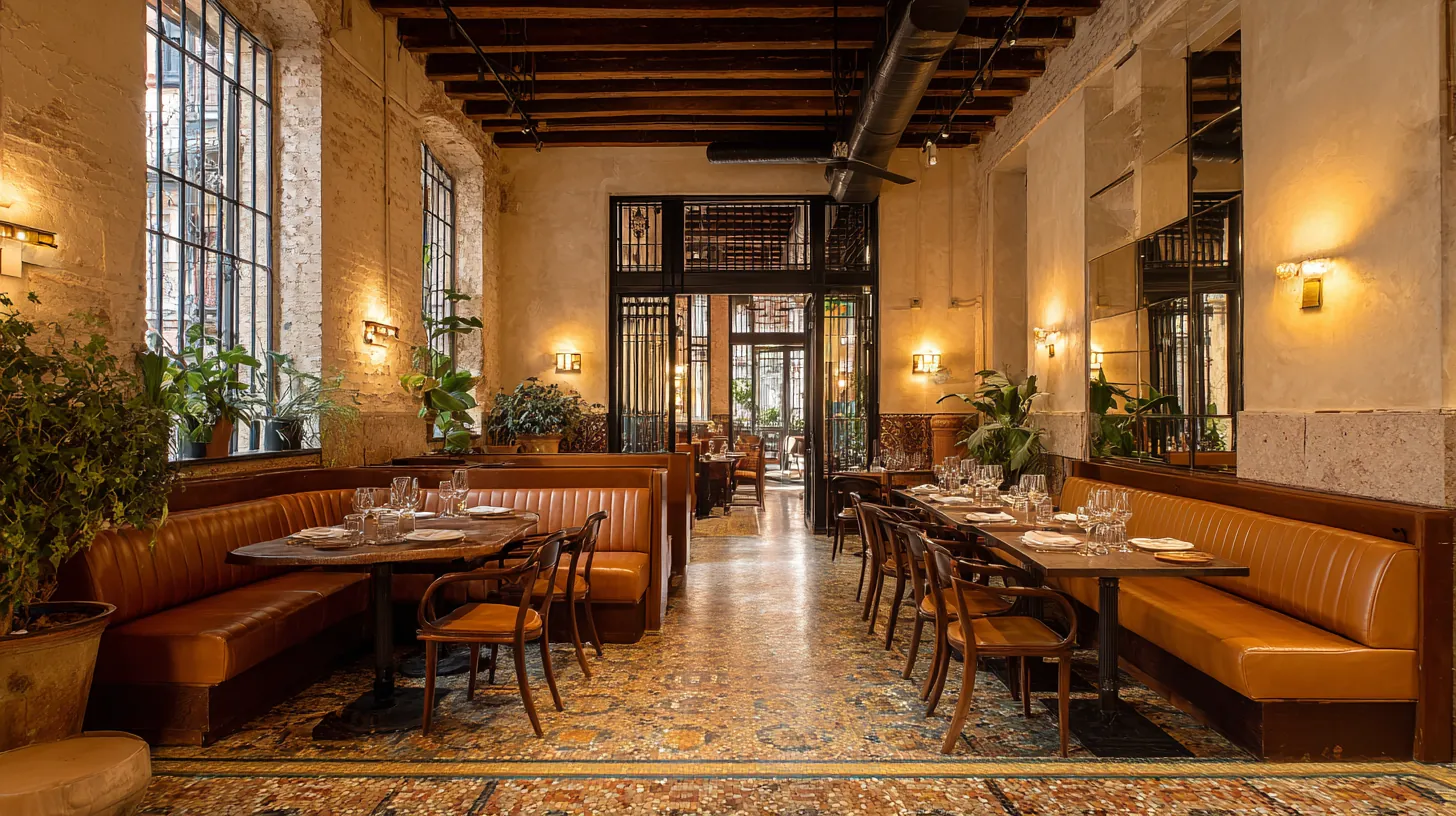 Comedor con vigas de madera y suelo de mosaico