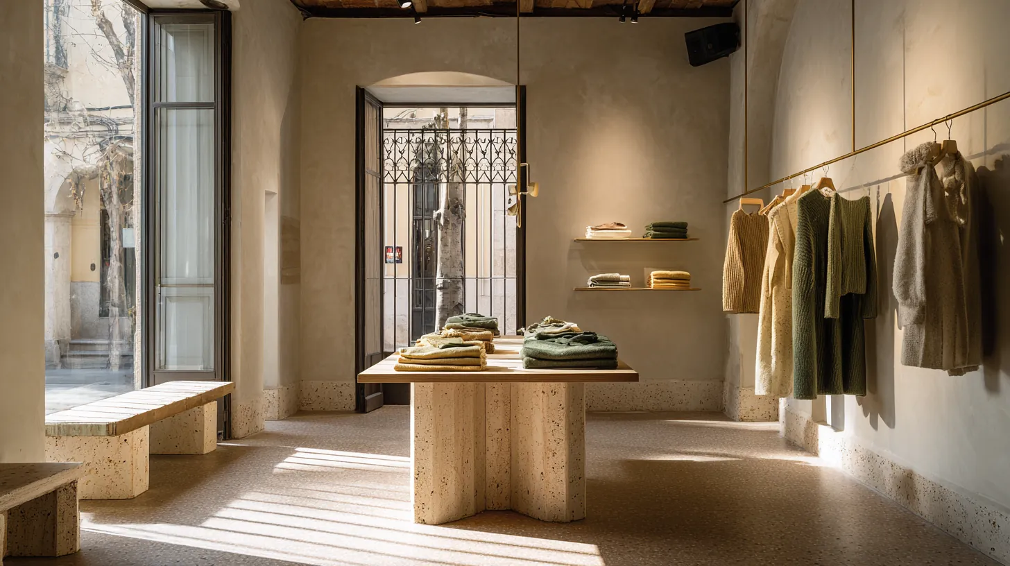 Tienda de moda en Madrid con peanas de travertino y perchas de latón