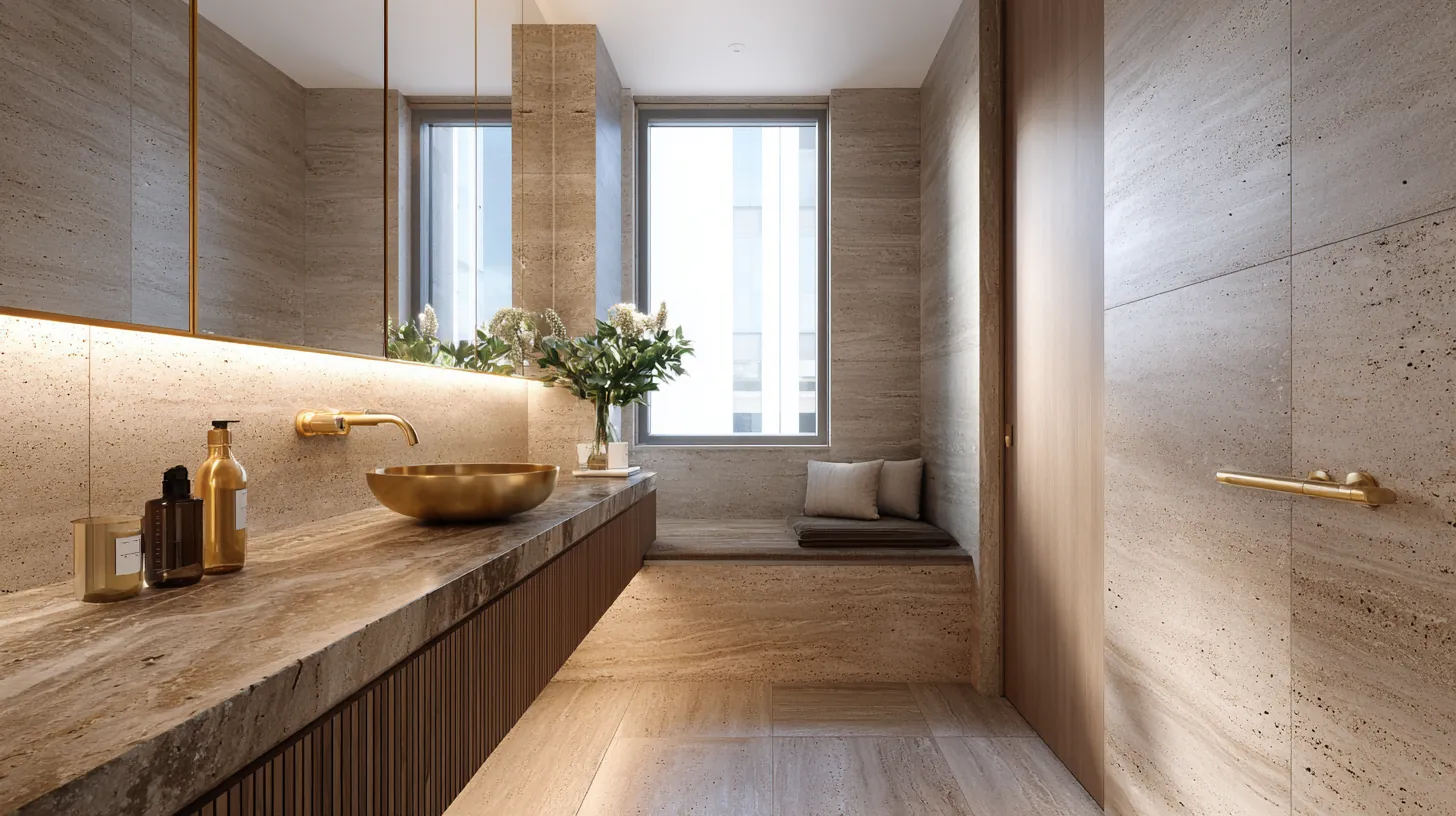 Baño de habitación revestido en travertino con encimera corrida y banco