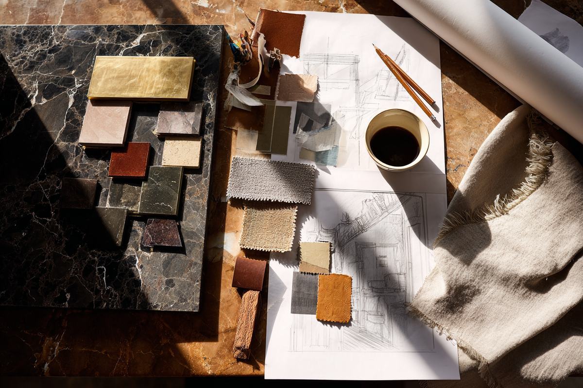 Mesa de trabajo con muestras de piedra, textiles y planos