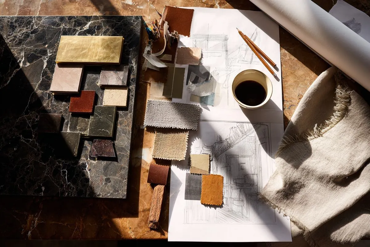Mesa de trabajo con muestras de piedra, textiles y planos