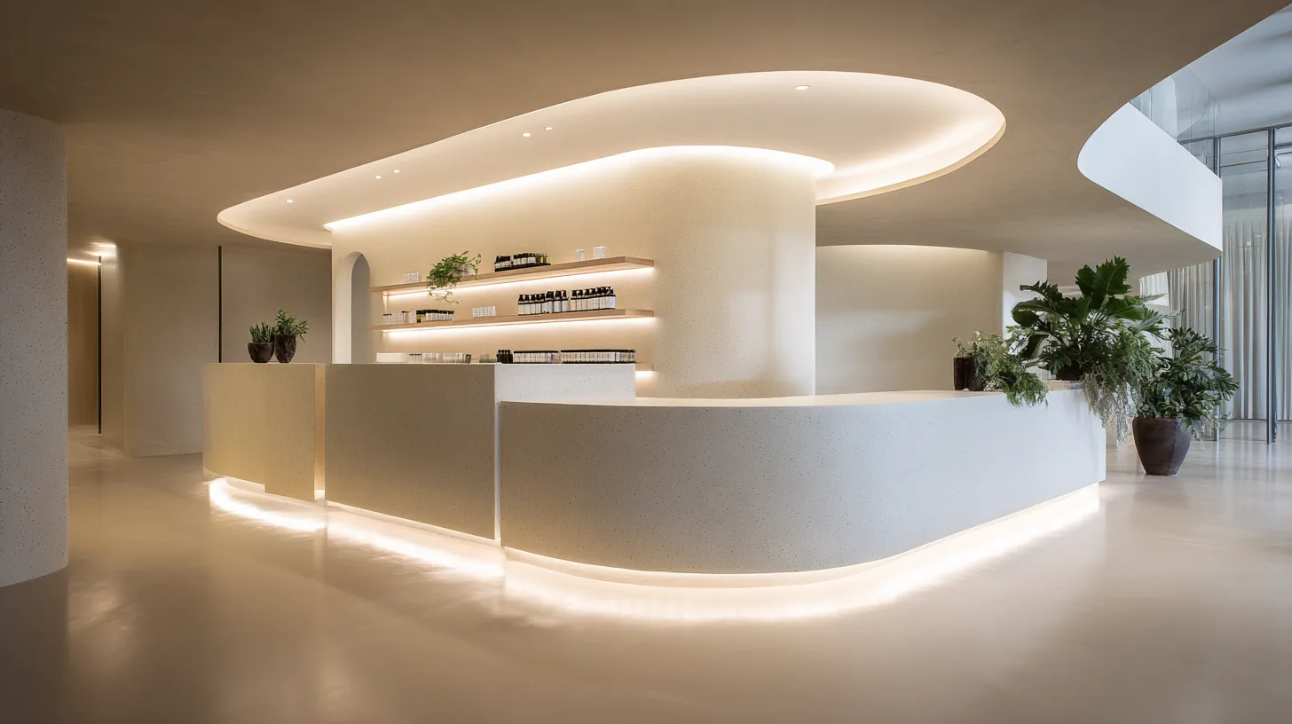 Mostrador curvo de terrazo con zócalo de luz continua y estantería de producto