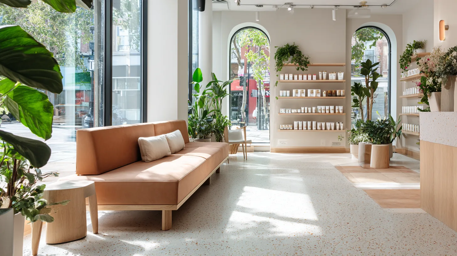 Sala de espera junto al escaparate con banco de roble y suelo de terrazo