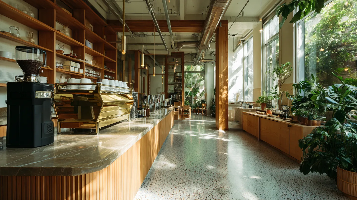Sala con mostrador curvo de roble, vitrina de latón y suelo de terrazo