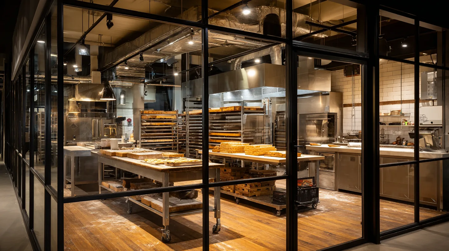 Interior del obrador con panes, carros de bandejas y horno