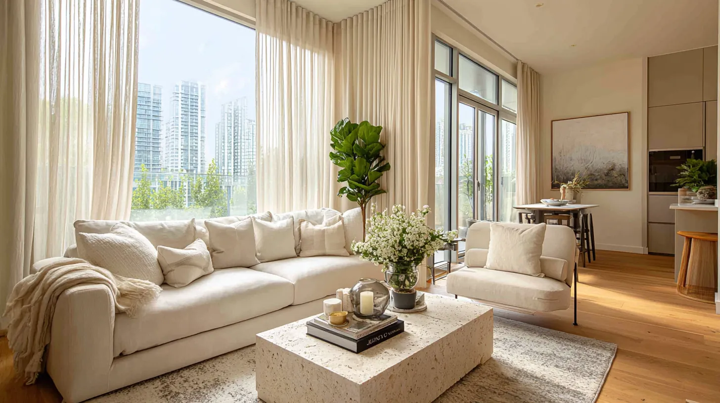 Salón con sofá claro, mesa de travertino y cortinas del techo al suelo