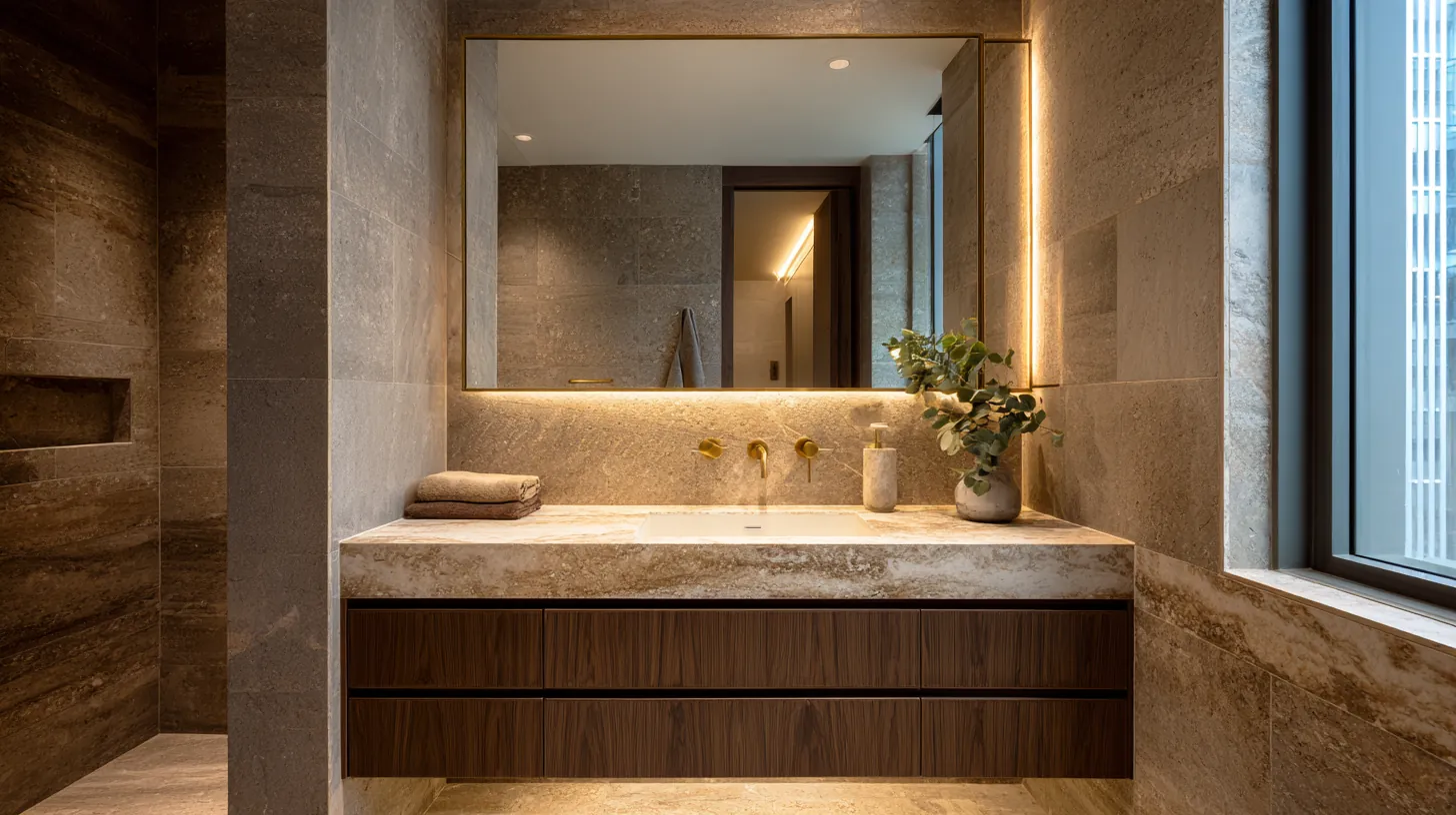 Baño con revestimiento de travertino, mueble de nogal y grifería de latón