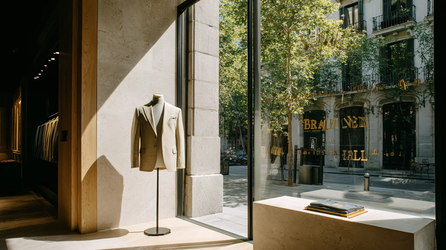 Escaparate con maniquí sobre peana de piedra y calle arbolada de Madrid al fondo