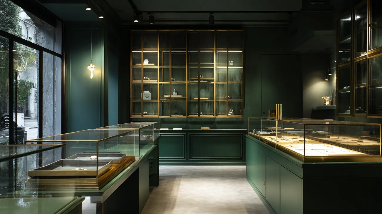 Sala de venta con carpintería verde oscuro y vitrinas de latón