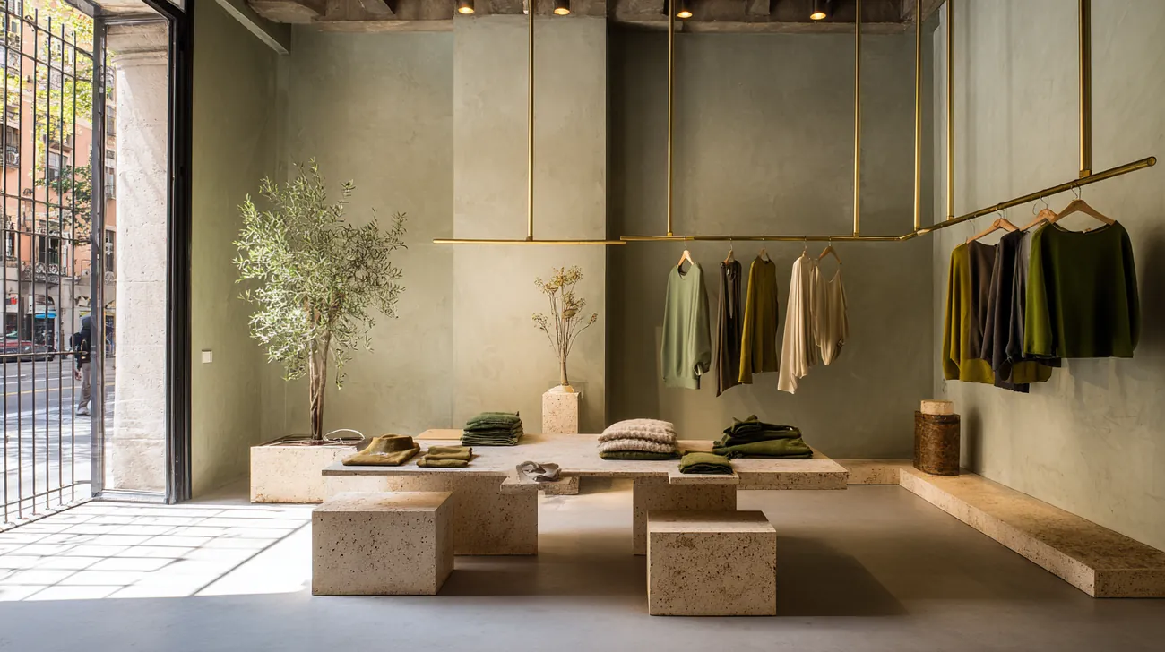 Sala principal de la tienda con peanas de travertino y perchas de latón