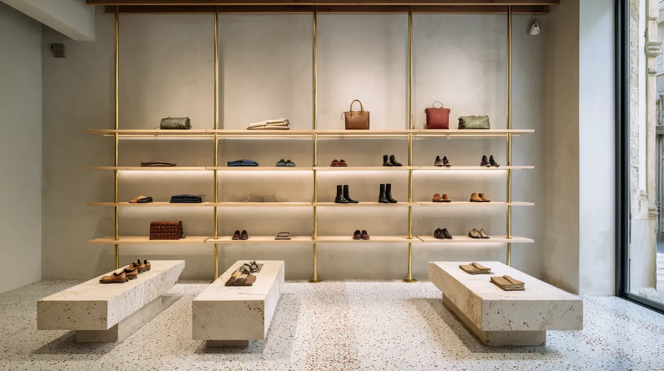 Mueble de accesorios con baldas de roble sobre montantes de latón