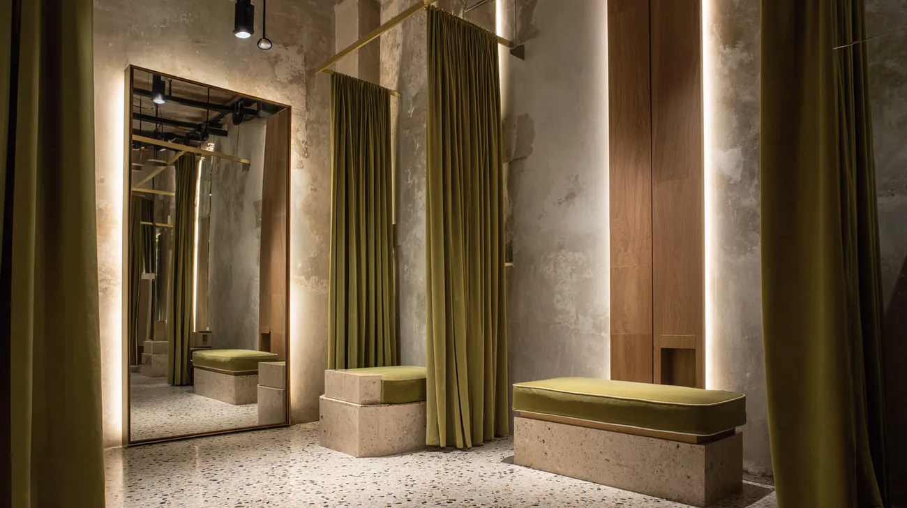 Probadores con cortinas de terciopelo verde y luz vertical junto al espejo