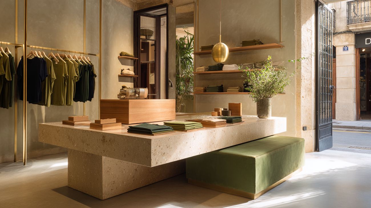 Mesa central de travertino con banco tapizado en verde